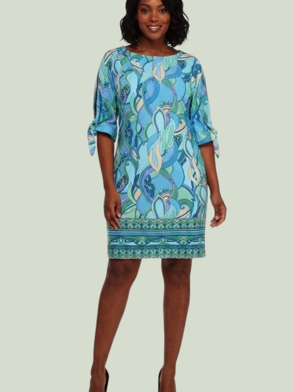 London Times Tie Sleeve Shift Dress Size 12 Coastal Turquoise Print